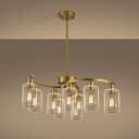 CNRATYE 9-Light Gold Glass Chandelier, Adjustable Height Dining Room Light Fixtures Over Table, Contemporary Hanging Chandelier for Kitchen Island Living Room Foyer Office, Clear Glass Shade