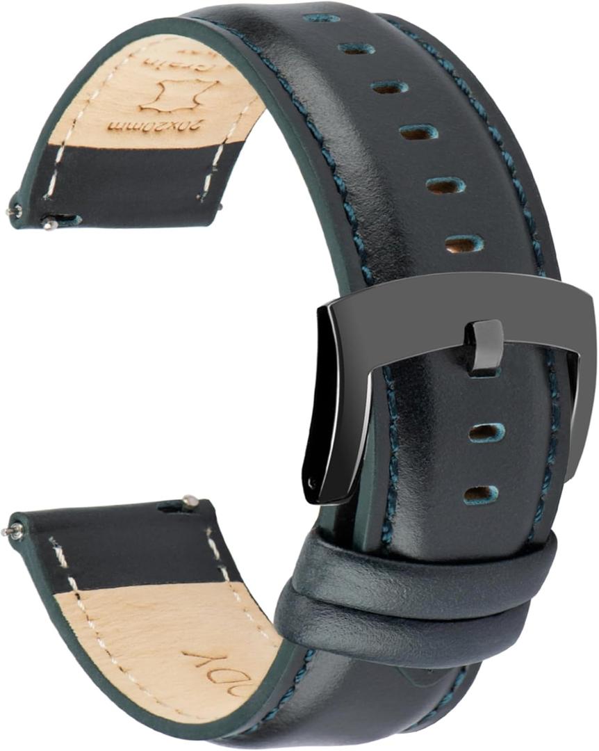 Leather Watch Bands Quick Release, Elegant Top Grain Leather Watch Straps for Men & Women, Choice of Color & Width - 18mm, 19mm, 20mm, 21mm or 22mm Wristbands Bracelet for Watch & Smartwatch (Dark Green (Black Buckle))