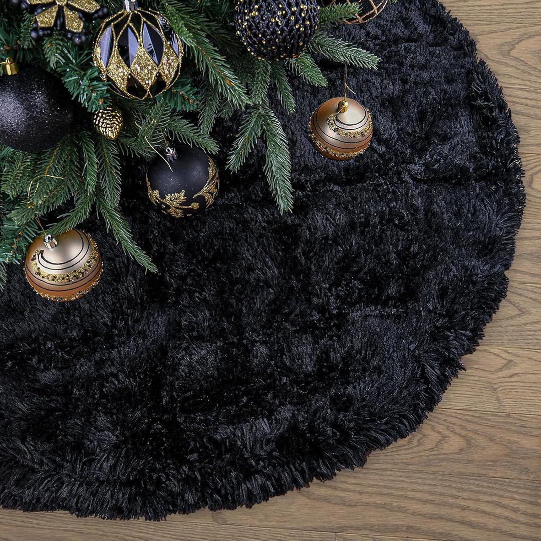 Faux Fur Christmas Tree Skirt,Large Luxury Tree Skirt with Snowflake Sequin, Christmas Decorations Holiday Thick Plush Tree Xmas Ornaments (Black, 36 Inch)