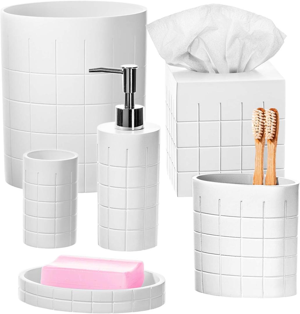 Creative Scents Polar White Bathroom Accessories Set with Trash Can - 6 Piece Bathroom Set Features: Waste Basket, Tissue Cover, Soap Dispenser, Toothbrush Holder, Tumbler and Soap Dish