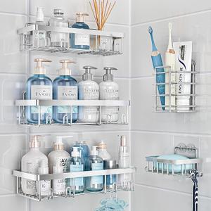 5 Pack Shower Caddy Organizer Rack Shelf for Inside Shower, Self Adhesive Bathroom Wall Storage Basket Rustproof Stainless Steel Large Capacity Shampoo Holder, Silver