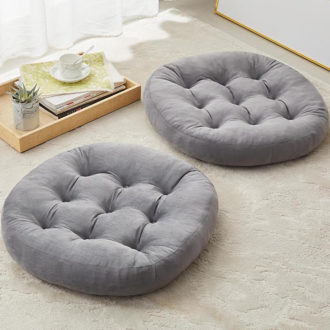 Quilmfoam Meditation Floor Pillow Cushions for Adults Kids Set of 2, Large Round Double-Side Corduroy Floor Pillows Seat Cushion, for Yoga Living Room Tatami Home Decor, Light Grey, 22 Inch