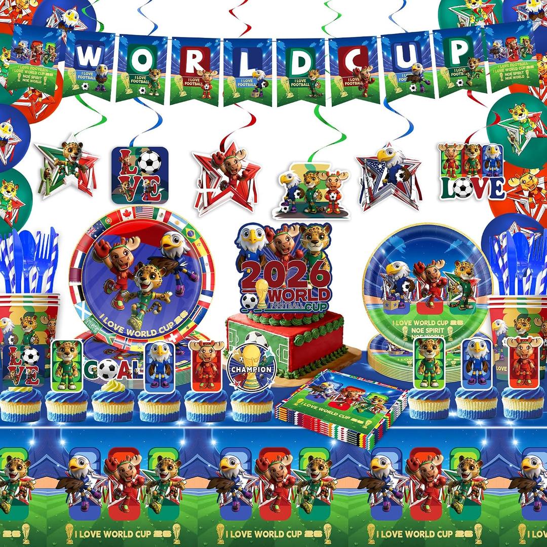 150PCS World Cup Mascot Birthday Party Decorations, 71"x43" Tablecloth, Plates, Cake Topper, Cutlery, Napkins, Balloons, Banners, Hanging Swirls, Complete Soccer Theme Party Supplies