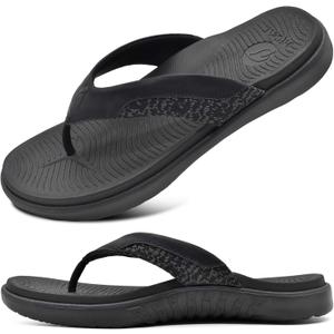 ONCAI Mens Flip Flop Open Toe Athletic Straps Orthotic Summer Plantar Fasciitis Sport Sandals with Soft Cushion Arch Support Size 11.5 (Black)