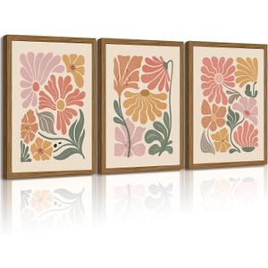 Boho Flower Wall Art Decor Abstract Floral Canvas Prints Botanical Plant Wall Art Pictures Minimalist Flower Market Painting Poster for Living Foom Bedroom 16x24 Inch Wood Framed Set of 3
