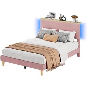Bestier Twin Bed Frame with Adjustable Headboard & LED Lighting, Corduroy Upholstered Platform Bed Frame with Storage Shelf, Solid Wood Slats, No Box Spring Needed, Never Squeak, Easy Assembly, Pink