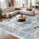 9x12 Large Area Rug - Vintage Washable Rug for Living Room with Non-Slip Low-Pile Traditional Medallion Border Rugs with Stain Resistant Foldable Retro Accent Carpet (9' x 12', Blue)