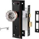 Upgraded Mortise Lock Set for Interior Door, Antique Vintage Style Crystal Glass Door Knobs with Skeleton Key, Reversible for Left & Right Handed Door, Oil Rubbed Bronze Finish