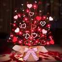 Valentine's Day Tree Tabletop Decorations with 20 Red Lights, Timer, Battery Operated - 16 Inch, Pink & White Hearts, 32 Red Berries - Perfect for Home, Table, Bedroom, Indoor Party & Wedding Decor