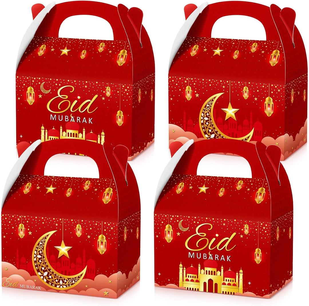 TaoBary 24 Pack Ramadan Treat Boxes Eid Mubarak Gift Boxes Mosque Star Moon Lantern Party Favor with Handle Bulk Ramadan Goodie Candy Bag for Eid Al Fitr Packages Supplies(Red)
