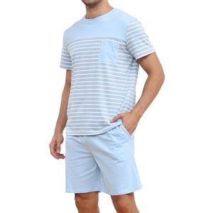 Men's Pajama Set Cotton Pajamas Striped Short Sleeve & Shorts Pjs Sets Sleepwear Summer Lounge Set with Pockets (X-Large, Light Blue)