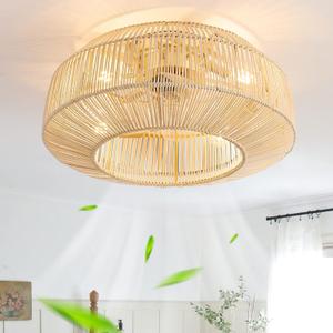 zheshirui 20" Boho Caged Ceiling Fan with Lights Flush Mount, Low Profile Rattan Ceiling Fans with Lights and Remote Control, Enclosed 6 Speeds for Bedroom, Living Room, Kitchen