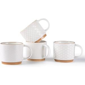 GBHOME 6OZ Stackable Coffee Mugs, Ceramic Coffee Mugs with Texture Patterns for Man,Woman,Dad,Mom, Modern Coffee Cups Set of 4 for Espresso/Cappuccino. Dishwasher and Microwave Safe, Off White 