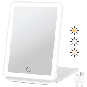 FUNTOUCH Rechargeable Travel Makeup Mirror with 72 Led Lights, Portable Lighted Beauty Mirror, 3 Color Lighting, Dimmable Touch Screen, Tabletop LED Folding Cosmetic Vanity Mirror (White)