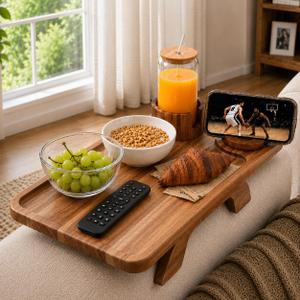 Couch Armrest Table with Cup Holder – Acacia Wood Sofa Arm Tray, 360° Rotating Phone & Tablet Holder, Detachable Couch Caddy, Anti-Slip Clip-On Remote Organizer for Drinks & Snacks