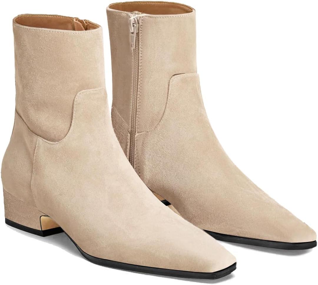 Coutgo Womens Booties Low Heel Ankle Boots Square Pointed Toe Chunky Heel Side Zipper Dressy Fall Boots Shoes (8.5, Nude)