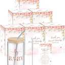 Hoolerry 4 Sets Baby Shower Prize for Game 12 oz Drinking Glasses with Lids Straw Brush Cards and Boxes Iced Coffee Beer Glasses Tea Cups Tumblers for Baby Shower Party Guests Gift(Flowers)