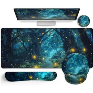 Ergonomic Mouse Pad Set Large Desk Matt for Desktop, Gaming Mouse Pad Wrist Rest Keyboard Mat Cup Coaster Set Cute Office Desk Decor Accessories for Women, Firefly Forest