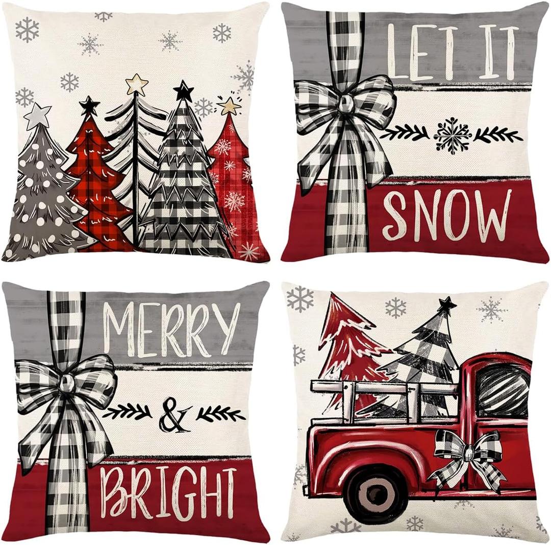 Christmas Pillow Covers Set of 4 for Xmas Decorative Throw Pillowcase Winter Holiday Cushion Case for Home Decor (Pickup Bow Christmas Tree) (Red, 16"x16")