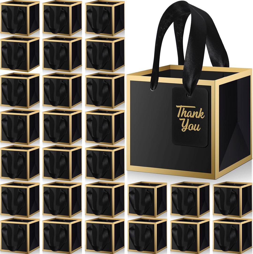 Kolldenn 100 Pcs Small Gift Bags with Handles Metallic Paper Square Valentine's Day Gift Bags Bulk with DIY Blank Thank You Tags for Wedding Birthday Party Favor (4 x 4 x 4 Inches, Black)