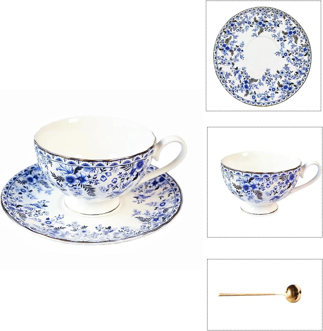 Vintage Floral Porcelain Tea Cup and Saucer Set with Gold Trim, Classic Blue Pattern Single Set