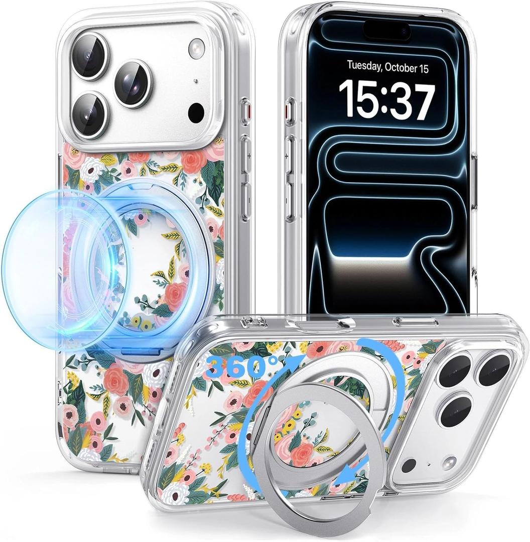 for iPhone 17 Pro Case with MagSafe Stand Ring for Women, Cute Clear Floral Design with 360 Kickstand Holder Magnetic Shock Proof Heavy-Duty Protection Pink Flower