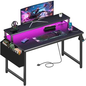 Lufeiya Gaming Desk with Power Outlets and LED Lights, 40 Inch Gamer Desk Table with Charging Station, Home Office Computer Desks with Monitor, Black (Carbon Fiber Black)