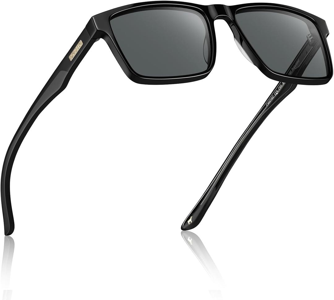 CARFIA Retro Acetate Mens Sunglasses Polarized Classic Square Sun Glasses CA62162 (1. Black Frame Grey Lens)