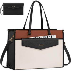 LOVEVOOK Laptop Bag for Women, 15.6'' Laptop Tote Purse 2-in-1 Professional Work Bag Business Briefcase with Clutch Purse, Waterproof Leather Computer Handbag for Teacher Office Travel (Black White Brown)
