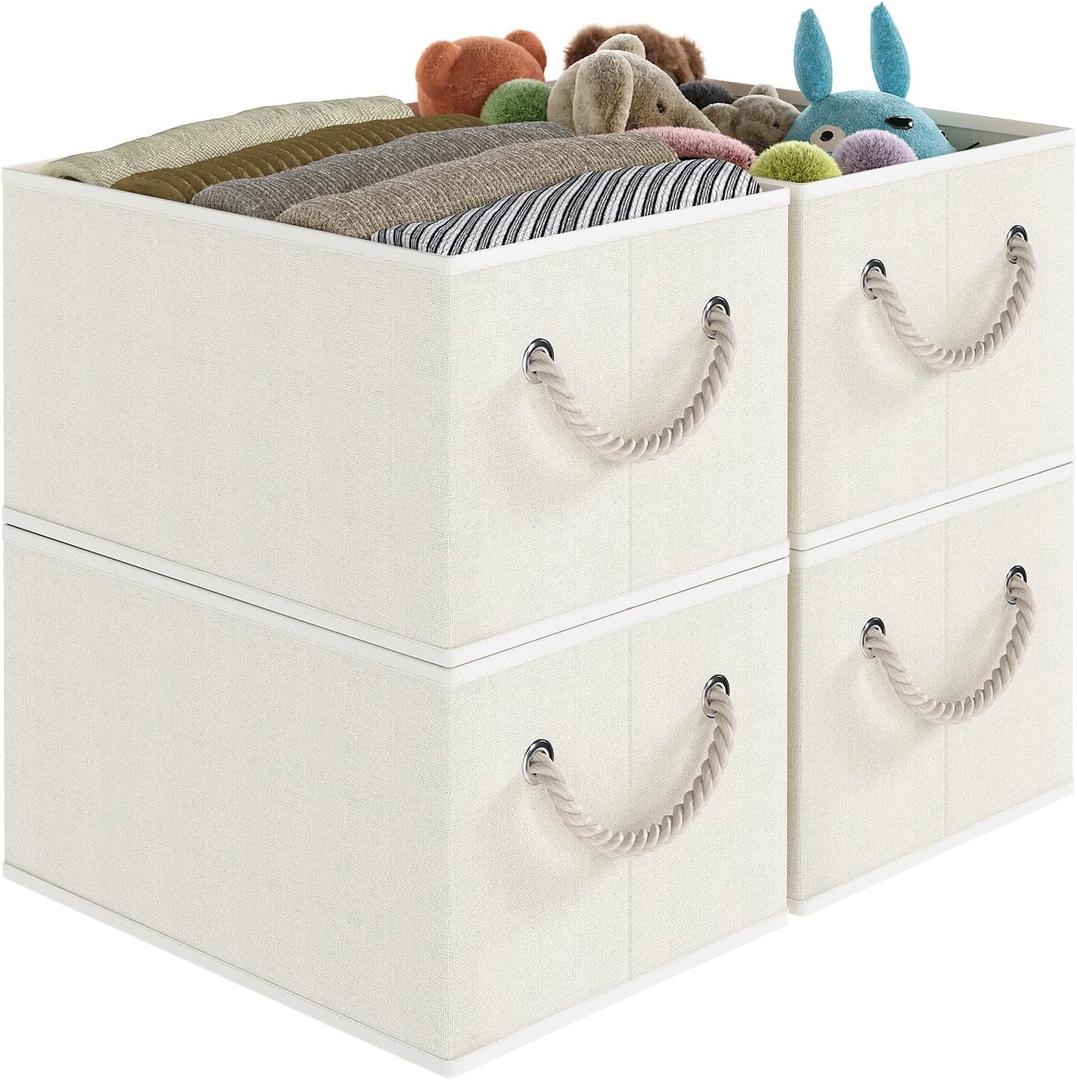 Closet Storage Bins, Linen Closet Organizers and Storage Basket for Shelves, Collapsible Shelf Baskets for Organizing Shelves, Bedroom Clothes Basket, Beige, 4 Pack (11 " L x 8 " W x 6 " H)