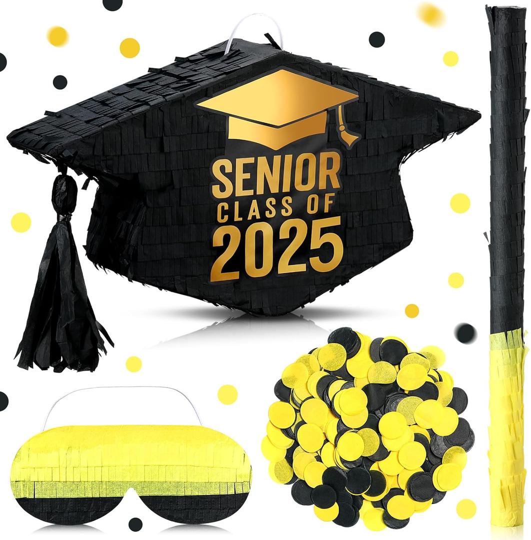 HyDren 2025 Graduation Piata Decorations 16 Inch Class of 2025 Graduation Cap Piata with Blindfold Bat and Confetti for College Middle School Elementary Congrats Grad Party Supplies(Classic Style)
