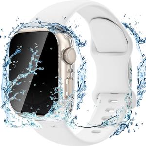 2 x 3 In 1 Waterproof Privacy Case for Apple Watch 10 With Band 46mm,Water Proof Face Cover Built-in Anti Spy Tempered Glass Screen Protector & Silicone Soft Bands for iWatch Series 10(Clear/White, 46mm)