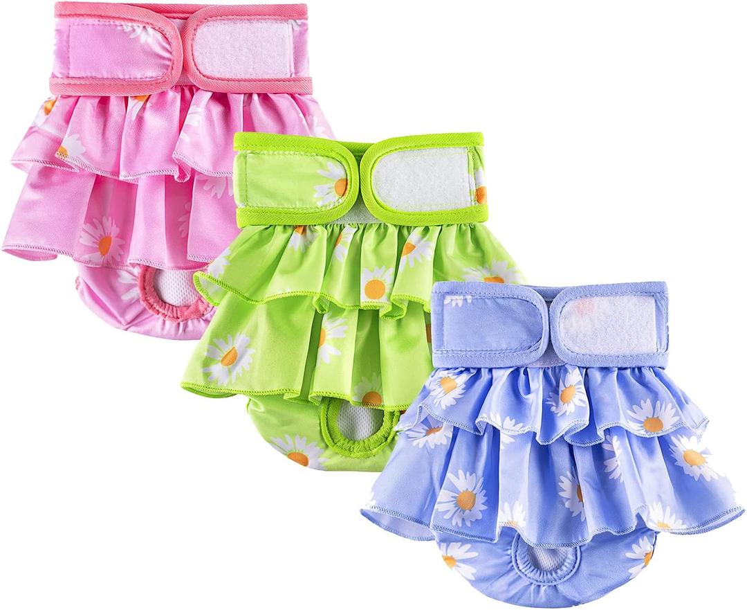 Reusable Dog Diapers Female, Pack of 3 Washable Highly Absorption Puppies Dogs Diapers for Period Heat Panties or Excitable Urination (Printing, L)