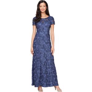 Alex Evenings Women's Long Rosette Mother of The Bride Dress with Short Sleeves (Blue, 16P)