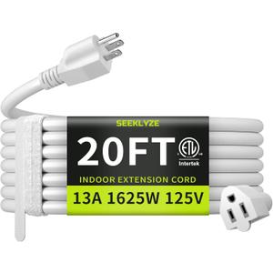 16/3 White Extension Cord 20 FT, Indoor Extension Cord for Laptops, Coffee Makers, Office Home Appliances, 3 Prong Resistant Cable Flexible, 13A 125V 1625W ETL Listed