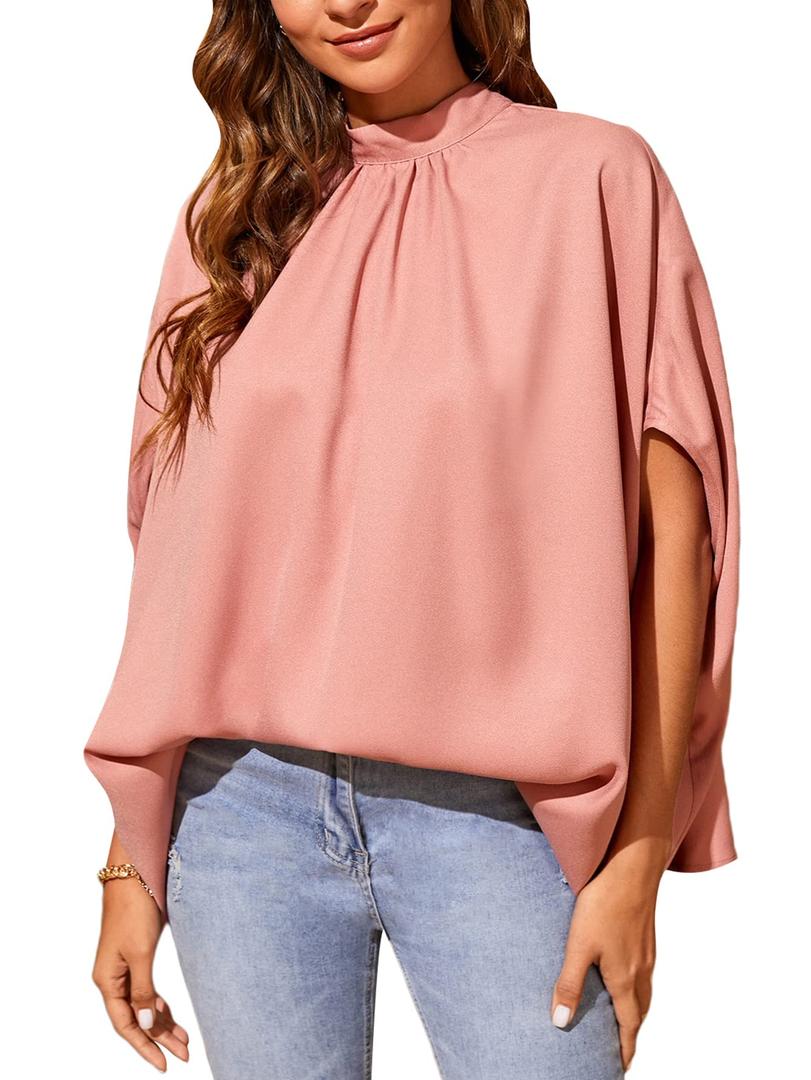 Verdusa Women's Knot Back Batwing Sleeve Mock Neck Shirts Blouse Top Coral Pink L (Pink)