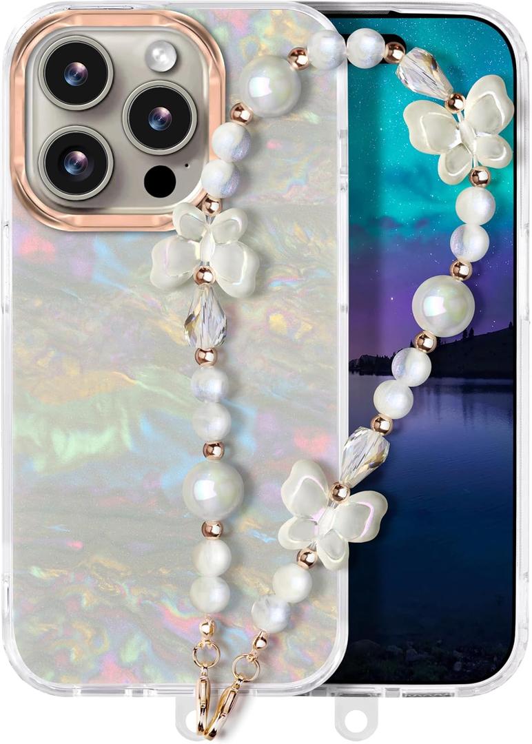 3 x Compatible with iPhone 16 Pro Case for Women Girls, Slim Fit Glitter Cute Phone Case for iPhone 16 Pro with Pearl Phone Charm Lanyard Wrist Strap, Shockproof Hard Protective Case 6.1 Inch Shiny Grey