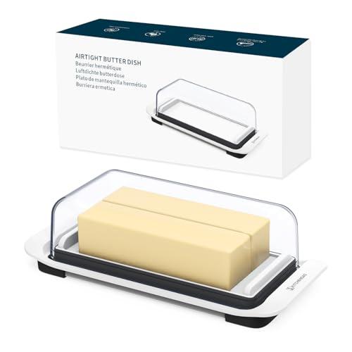 KITCHENDAO Large Airtight Butter Dish with Lid for Countertop and Fridge, Butter Keeper, Plastic Butter Holder Tray for 2 Sticks East Coast/West Coast/European Style/ Kerrygold Butter/ Cream Cheese