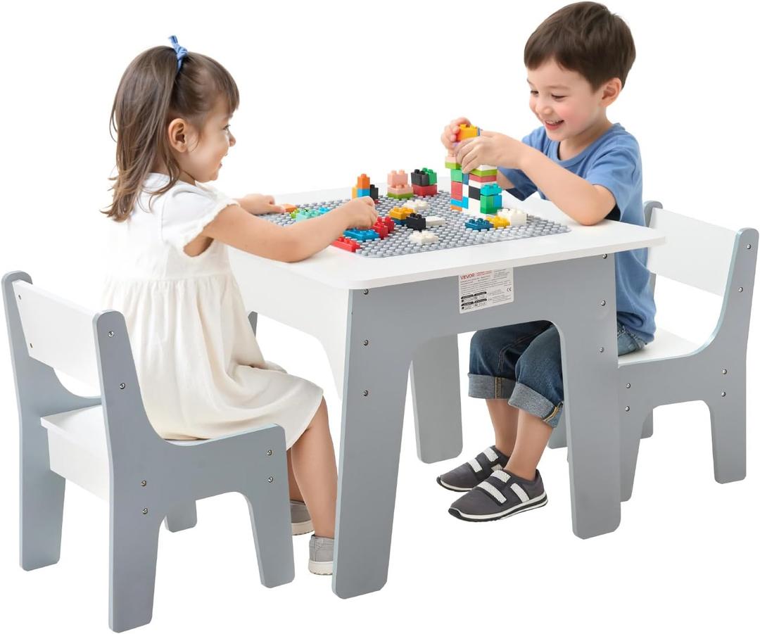 VEVOR Kid Activity Table and 2 Chairs Set, 23*23*20inch Graffiti & Building Blocks Double-Sided Tabletop, Toddler Play Table with Storage for Kids 3+ Years, Large Storage Space, Gift for Boys & Girls