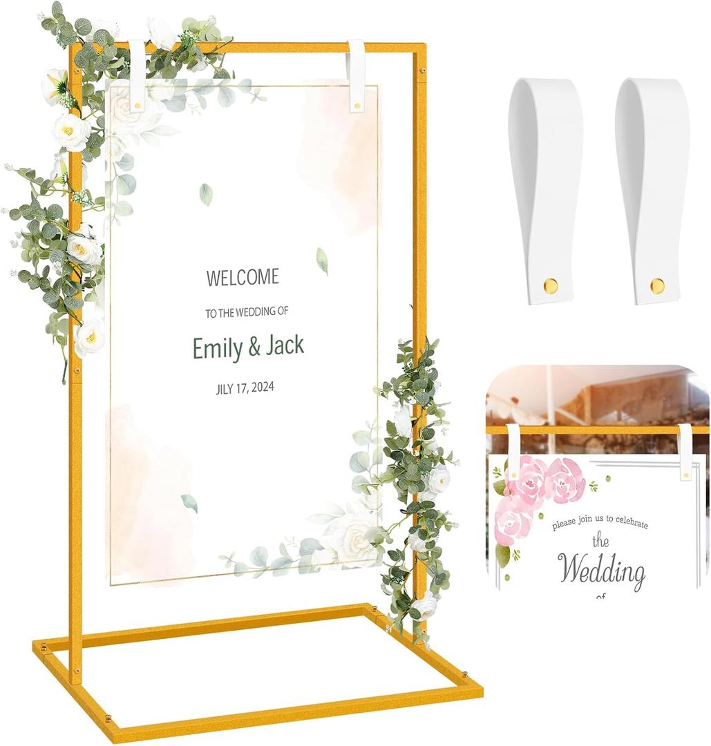 MorningRo Wedding Welcome Sign Stand 50x30x20 Welcome to Our Wedding Sign Holder with 2 Leather Straps Easel Stand for Signs Metal Display Poster Holder for Ceremony Party(White, Gold)
