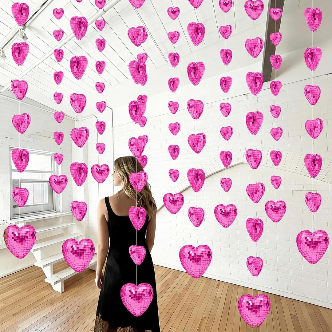 6 Pcs 4.9 ft Pink Disco Heart Garland Decorations 3D Disco Heart Garland Mirror Glitter Hanging Banner Backdrop Reflective Decor for Wedding Birthday Bridal Shower Anniversary Party Decor