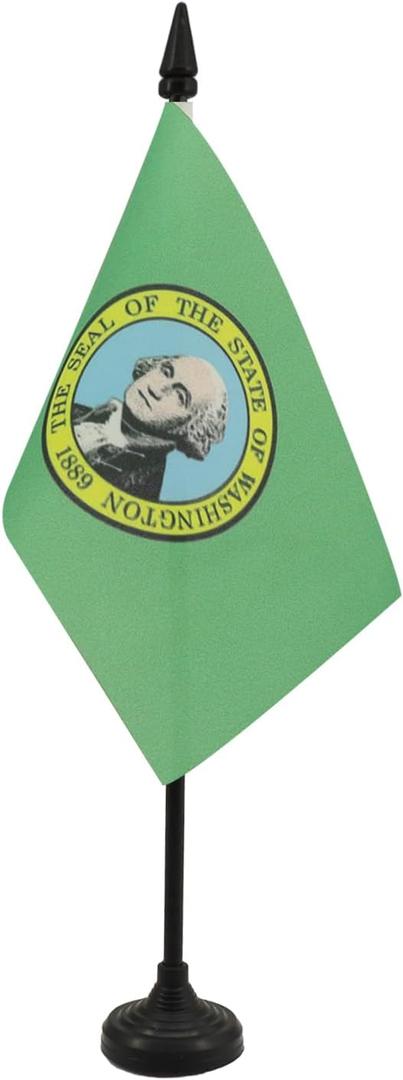 Washington Table Flag 4'' x 6'' - US state of Washington Desk Flag 15 x 10 cm - Black Plastic Stick and Base - AZ FLAG
