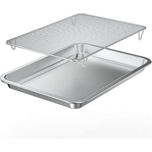 Baking Sheet with Wire Rack Set, 15.35''x 11.5'' Stainless Steel Cookie Sheet and Cooling Rack, Non-stick Cooking Pan with Grease Mesh Strainer Kitchen Bakeware for Smoker and Grills,Oven Safe