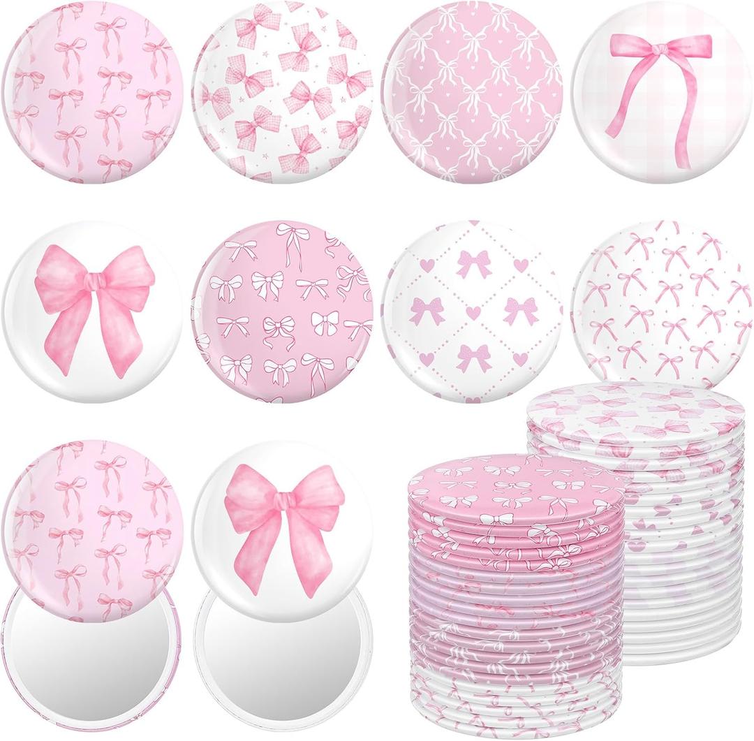 Namalu 48 Pcs Pink Bow Coquette Mini Pocket Mirrors Breast Cancer Awareness Inspirational Christian Gifts Bulk for Women Portable Round Makeup Mirror Church Religious Party Favors(Cute Style)