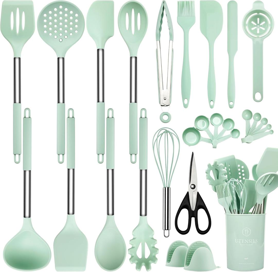 Kitchen Utensils Set, 28 Pcs Silicone Cooking Utensils Set with Holder, Spatula Set, Silicone Whisk, Measuring Cups and Spoons Set with Stainless Steel Handle Kitchen Gadgets (Light Green)