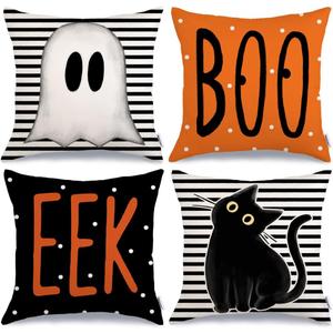 GEEORY Halloween Pillow Covers 20 x 20 Inch Set of 4, Striped Polka Dot Spooky Ghost Black Cat Boo Eek Decorative Throw Pillowcases Indoor Holiday Decoration for Home Party Sofa Couch G0116-20 (Multicolor)