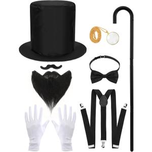 8 Pcs Abe Cosplay Accessories - Gentlemen Costume 1920s Gatsby Men Accessories: Tall Hat, Fake Beard, Bow Tie, Scepter, Magnifying Glass, Necklace, Gloves
