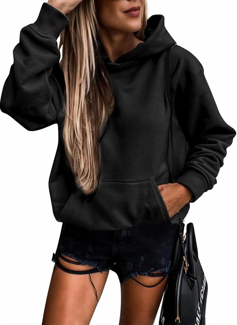 SHEWIN Women's Casual Hoodies Long Sleeve Solid Lightweight Pullover Tops Loose Sweatshirt with Pocket (Medium, 1 Black)