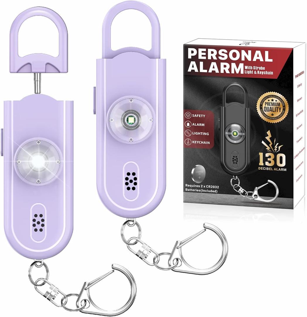 Personal Safety Alarm Keychain for Women 2PCS -130 dB Loud Siren with SOS Strobe Light, Flashlight, Double Speakers, Safe Defense Key Chain for Girls Kids Elders Emergency Call (Lavender)