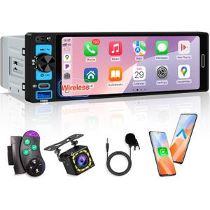 6.5 Single Din Car Stereo Receivers with Wireless Apple CarPlay, IPS Touchscreen 1280x452, Car Bluetooth 5.2, Car Radio FM AM, Backup Camera, USB Type-c Fast Charging, Android Auto, GPS Navigation